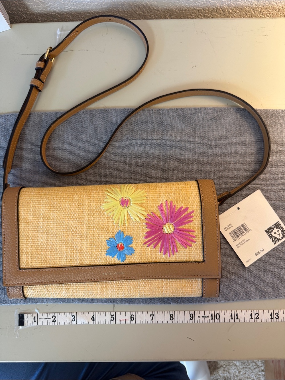 NEW Anne Klein Raffia Straw Floral Crossbody Wallet Clutch Summer Bag
